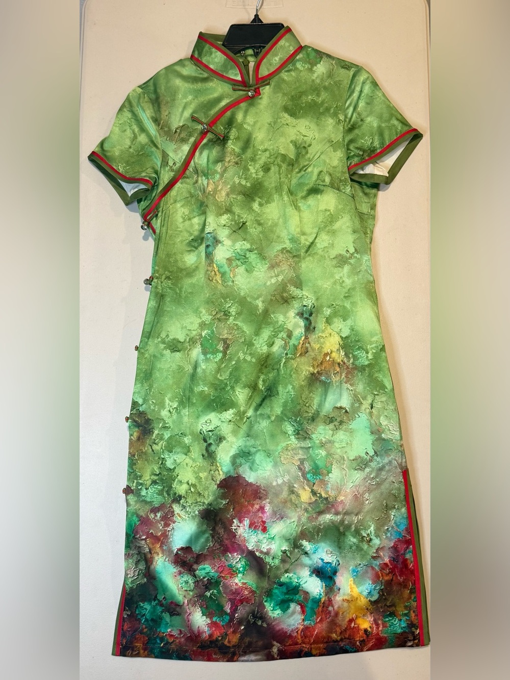Green Watercolor Floral Satin Mini Cheongsam Dress with Red Trim